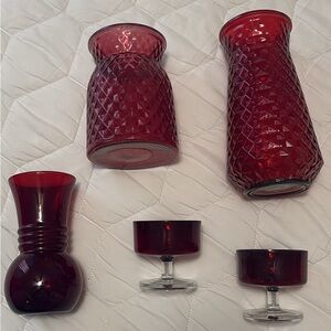 Vintage Red Glass Vase and Compote Collection